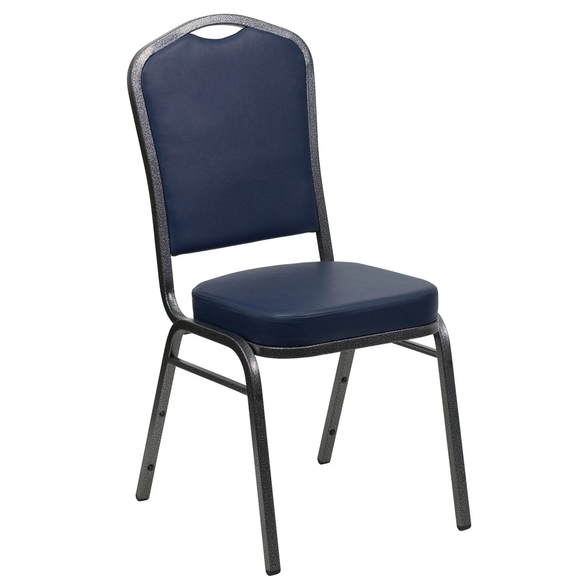 Emma + Oliver 4 Pack Crown Back Stacking Banquet Chair in Navy Vinyl - Silver Vein Frame