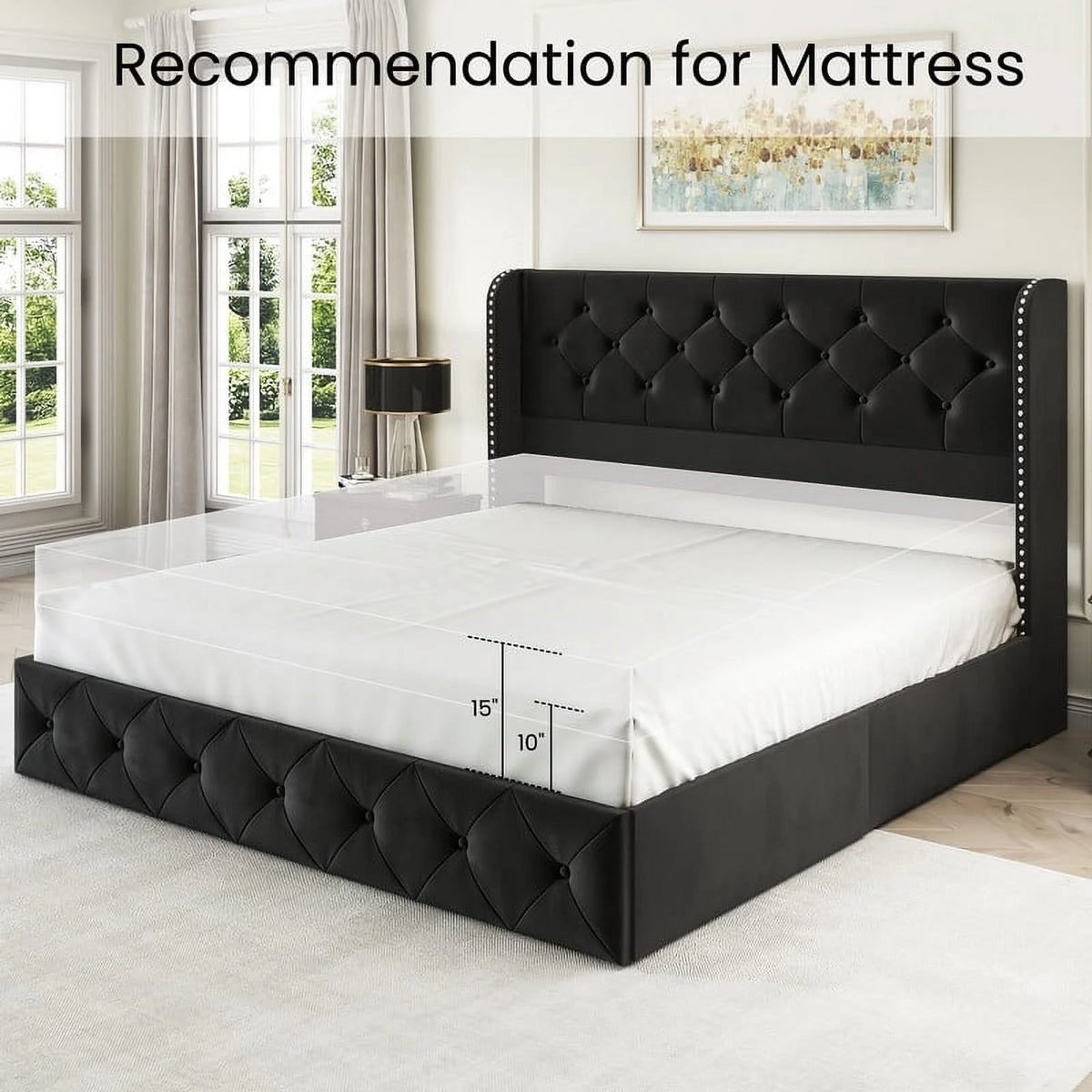 LARMACE Queen Size Platform Bed Frame with 4 Storage Drawers and Tufted Headboard Linen Upholstered Bed Wingback Bed Frame with Wooden Slats Support, Easy Assembly, Light Grey