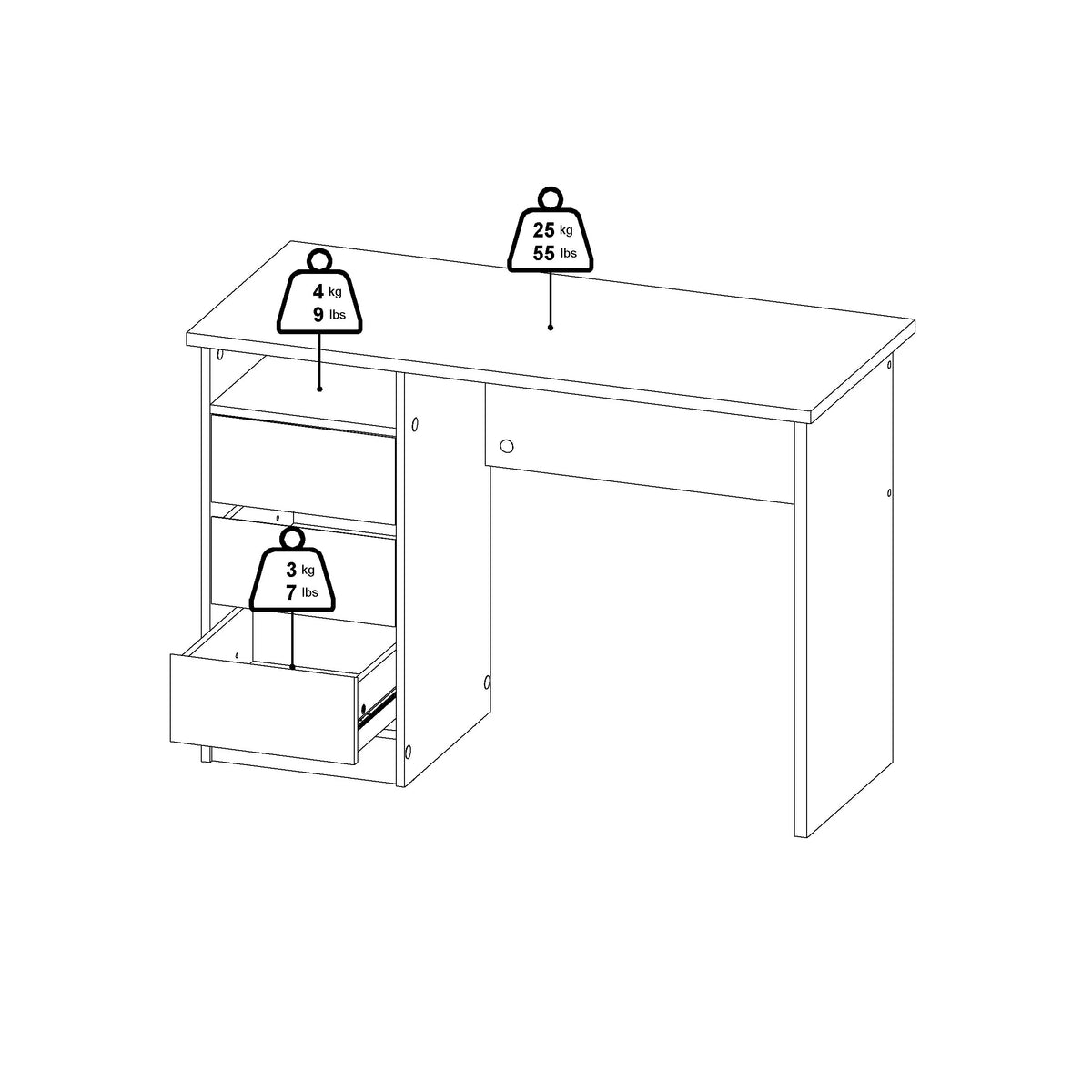 Tvilum Wes Writing Desk with 3 Storage Drawers and Open Shelf for Adults, White
