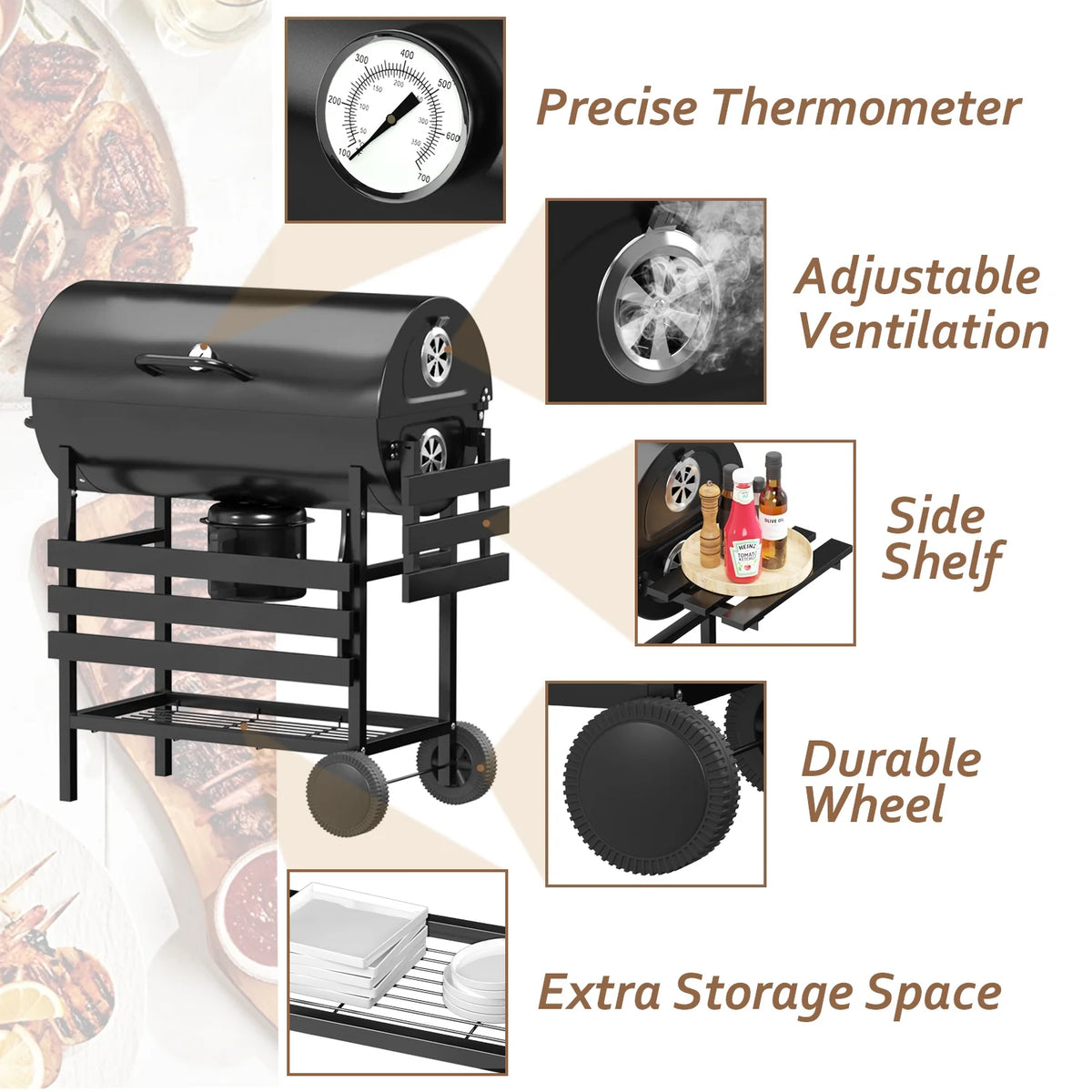 29�� Barrel Outdoor Charcoal Grill with Side Shelf and Wheels, Black
