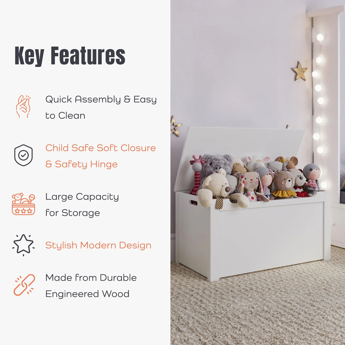 Sturdis Wooden Toy Box Spacious Storage for Home Organization, White