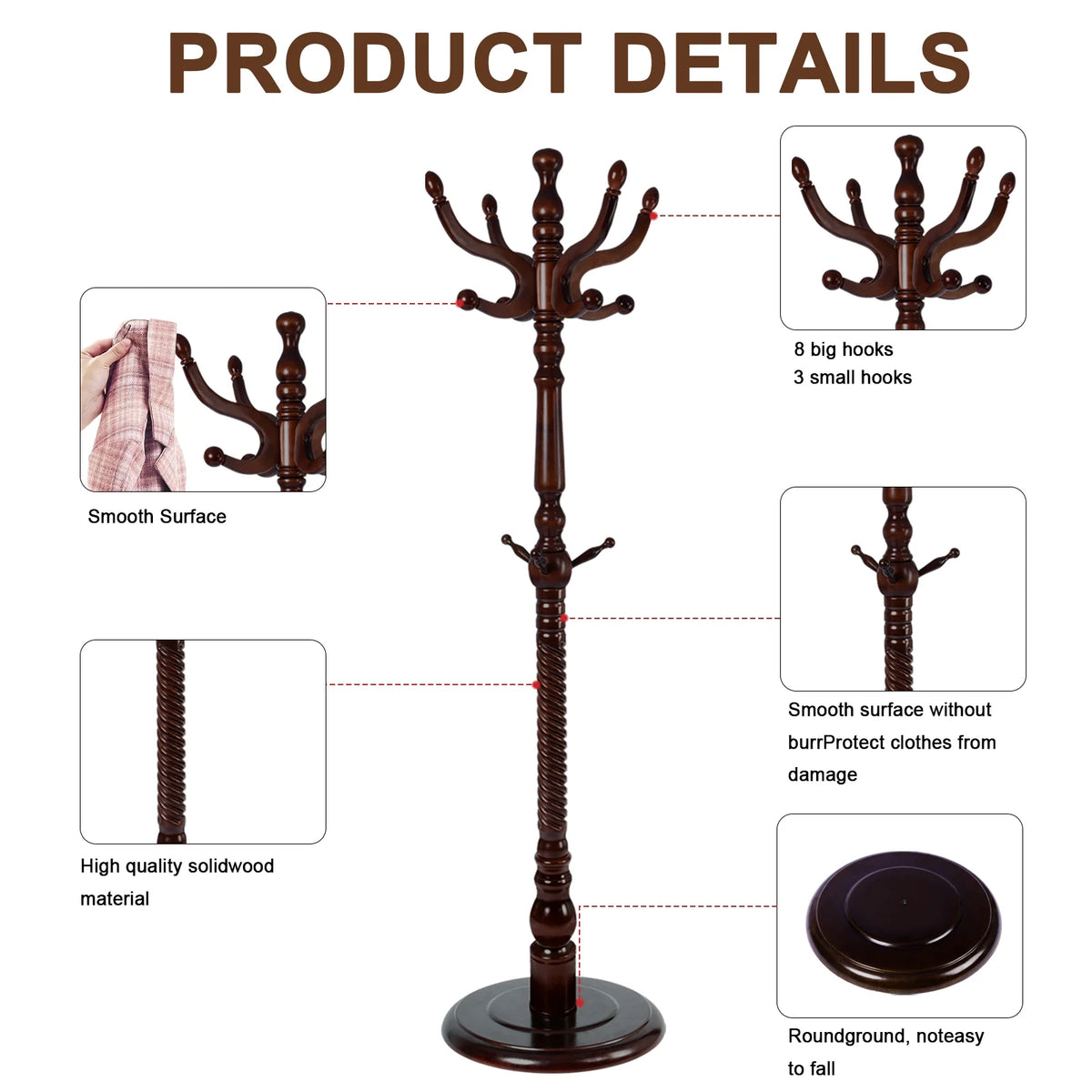 Coat Rack Freestanding, Hall Tree with 11 Hooks, Heavy Duty Wooden Coat Tree Stand, Adjustable Height, Sturdy Base for Bedroom Hallway Office - Load 270lbs