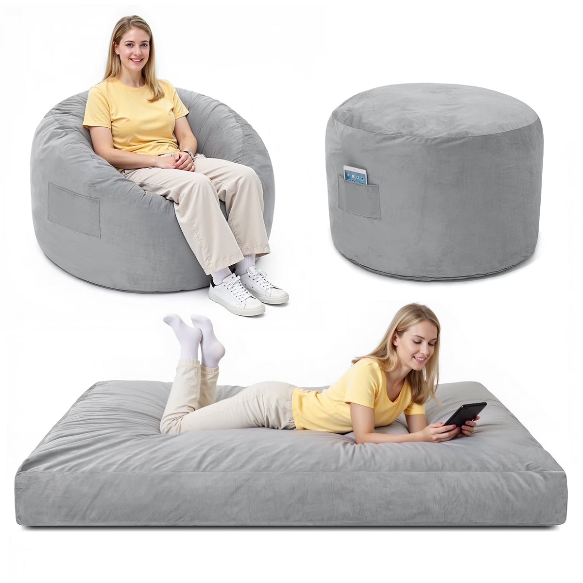 Lusimo Giant Bean Bag Chairs Bean Bag Bed with Pocket, Convertible Bean Bag Sofa Bed with Velvet Washable Cover for Adults, Couples, Family, Living Room, Gray, Full