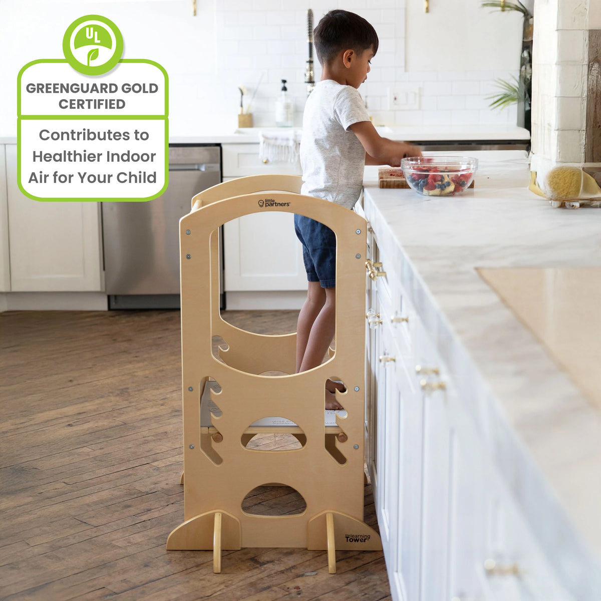 Little Partners Learning Tower Adjustable Height Kitchen Step Stool, Toddler Tower, Encourages Learning, Independence, and Engagement, Safety Climbing Tower for Kitchen Counter - Soft White