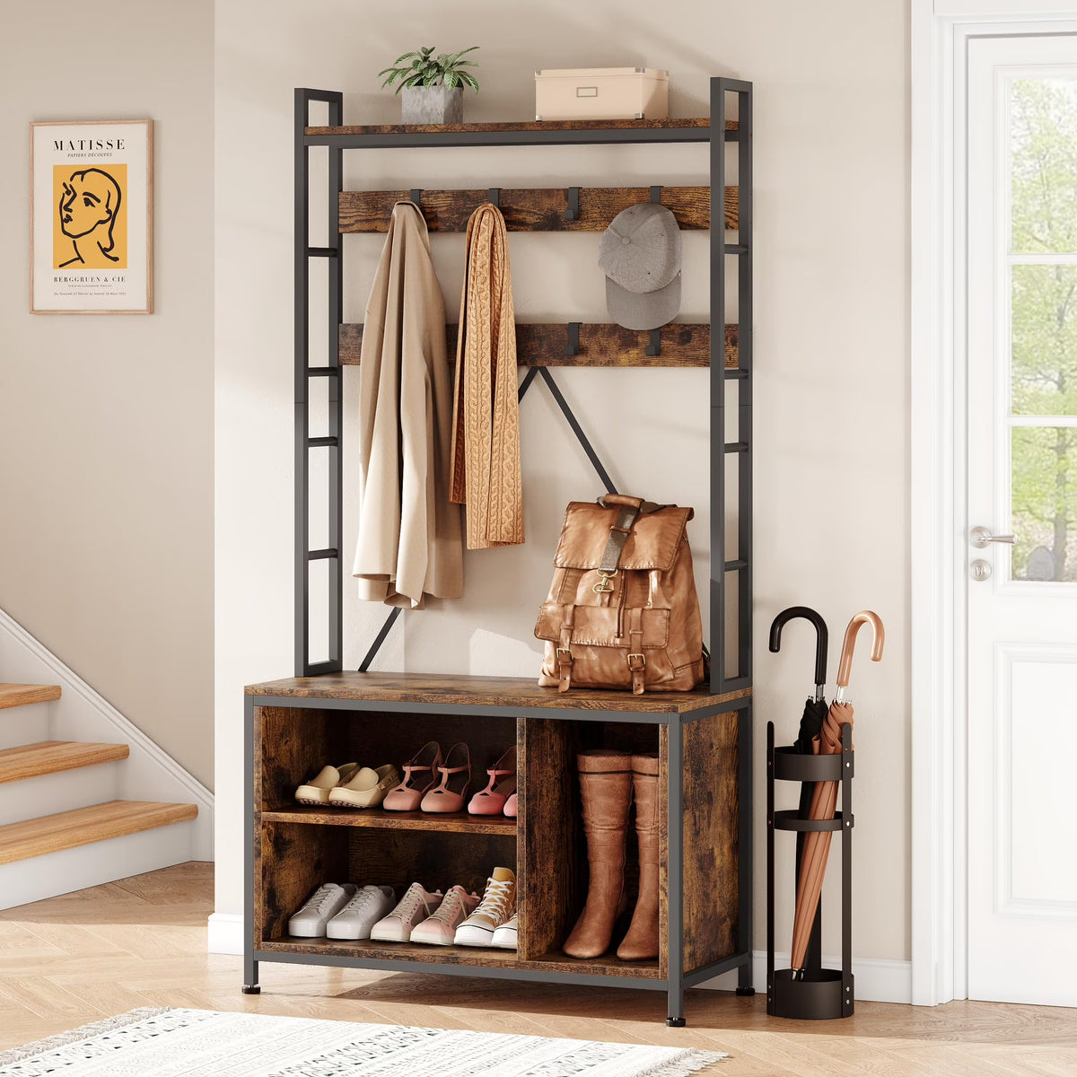 Hall Tree with Bench 36.41" Coat Rack Freestanding 5 in 1 Industrial Shoe Bench with 3 Storage Cubbies and 8 Hooks Entryway Coat Rack with Shoe Storage, Brown