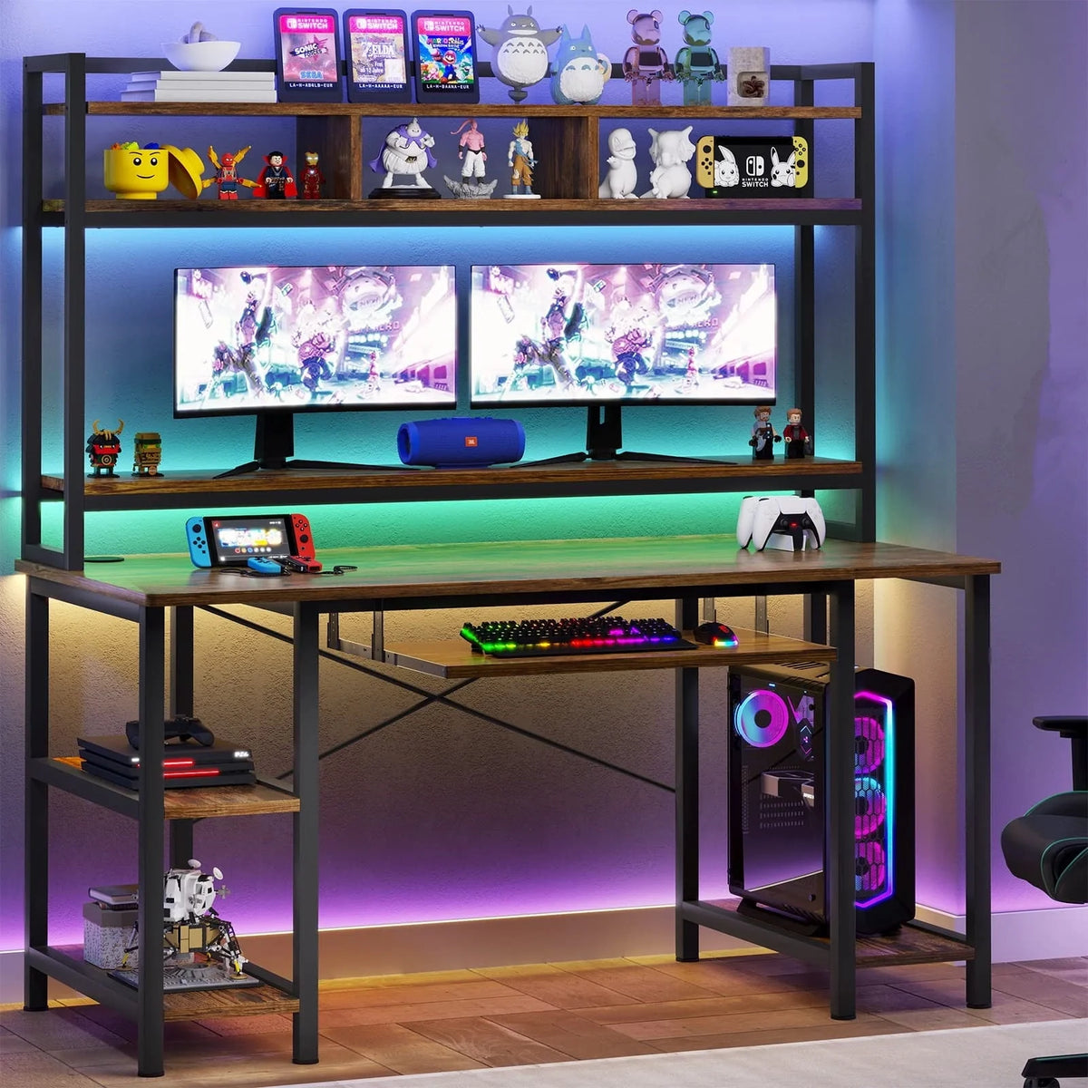55" Computer Desk with Drawer&Power Outlet, Industrial Home Office Table Gaming Desk PC Study Workstation with Hutch&LED Lights&Adjustable Shelves,White