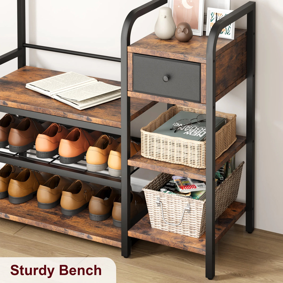 Zzistar Hall Tree Storage Bench, Coat Rack Shoe Bench with Storage Drawer, 5 in 1 Coat Tree Storage Shelf with 8 Hooks