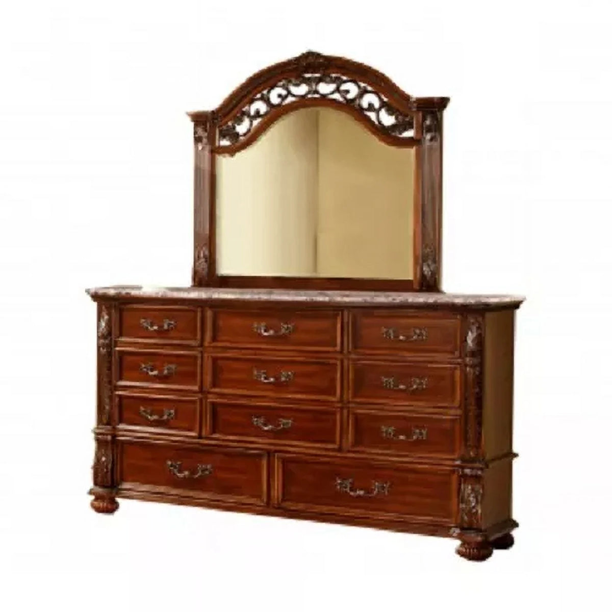 Traditional 4PC Eastern King Size Bedroom Set, Solid Wood Bed Frame Nightstand Dresser and Mirror, Cherry Finish