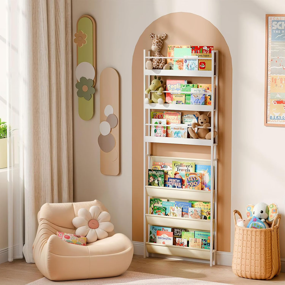 Kids Bookshelf - Wall Mounted 6-Tier Book Shelf for Kids Rooms, Behind The Door Bookshelf for Kids/Baby/Toddler, Corner Wall Book Shelf for Bedroom/Nursery, Kids Organizer for Toys and Books