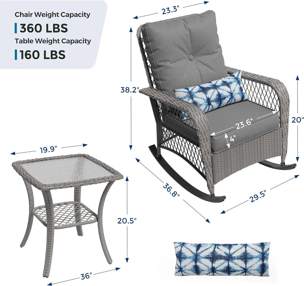ELPOSUN 3-Piece Outdoor Rocking Chairs, Wicker Patio Furniture with Thickened Cushions and Table for Porch