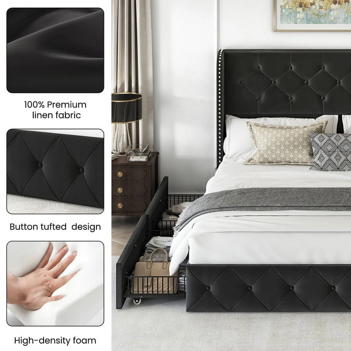 LARMACE Queen Size Platform Bed Frame with 4 Storage Drawers and Tufted Headboard Linen Upholstered Bed Wingback Bed Frame with Wooden Slats Support, Easy Assembly, Light Grey