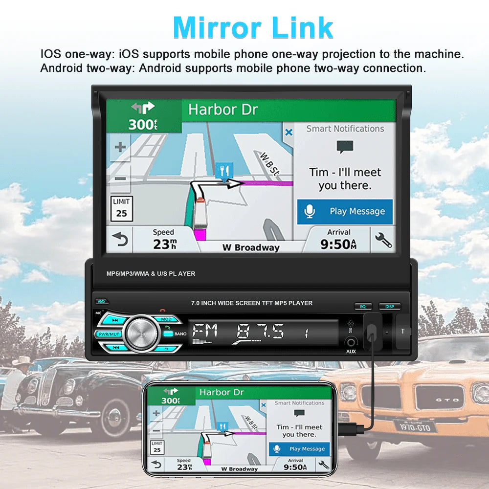 Podofo Universal Single 1 DIN 7" HD Touchscreen Retractable Car Stereo Radio Bluetooth Auto Apple Carplay Android Auto FM Mirror Link Function, with 12 LED Backup Camera
