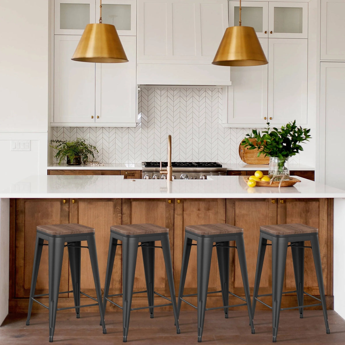 Andeworld 26" Set of 4 Metal Bar Stools  Stackable Counter Height Barstools Wood Seat Backless Rustic Kitchen Bar Chairs (Black)