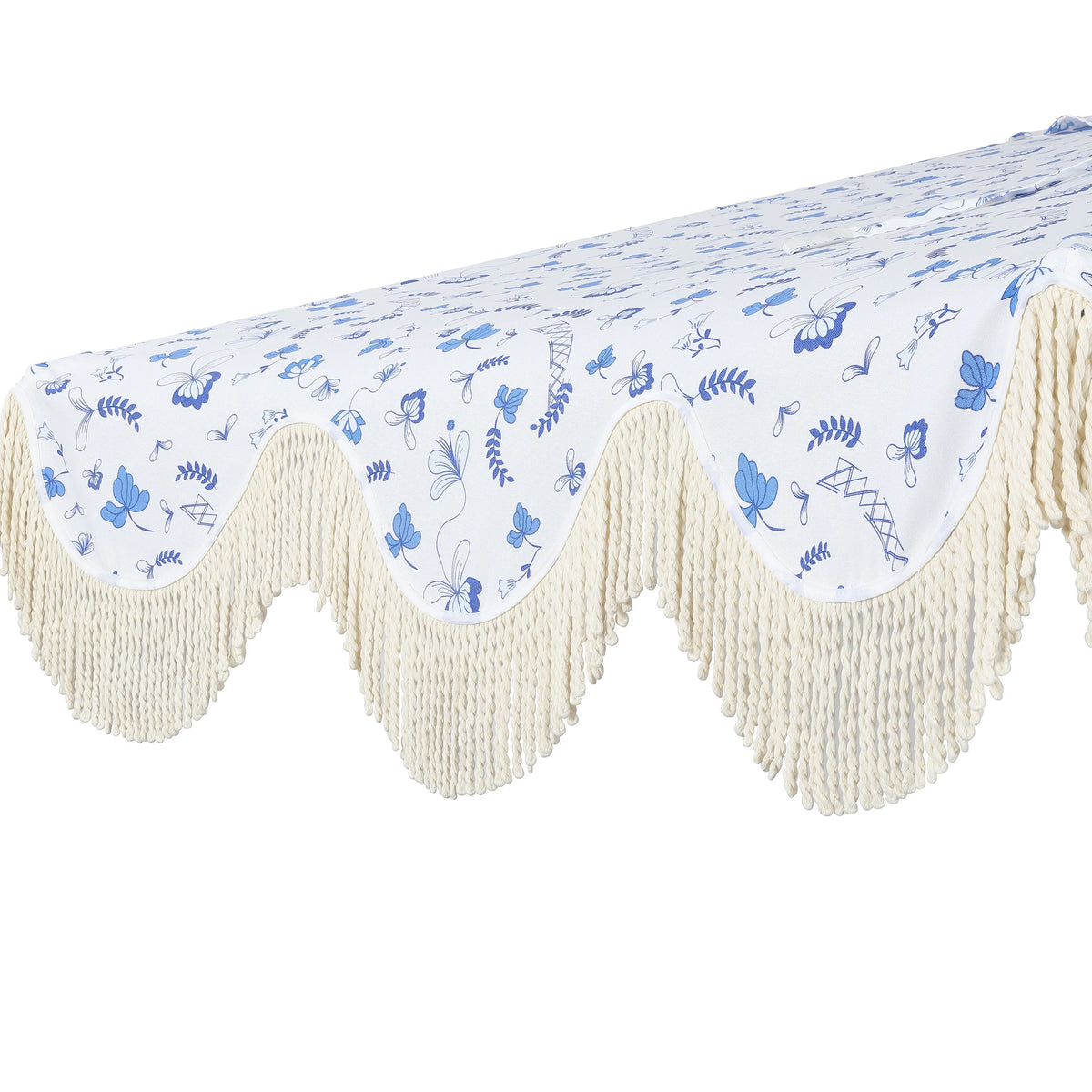 JONATHAN Y Beverly 9 ft. Half Market Patio Umbrella, Designer Classic Scalloped Fringe with Crank, Tilt Button and UV Protection, Blue/White/Cream, Dark Brown Pole