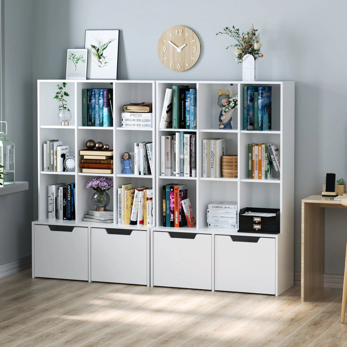 Homfa Modern Cube Bookcase, 9-Cube Storage Cabinet Display Shelf with 2 Mobile Drawers, White Finish