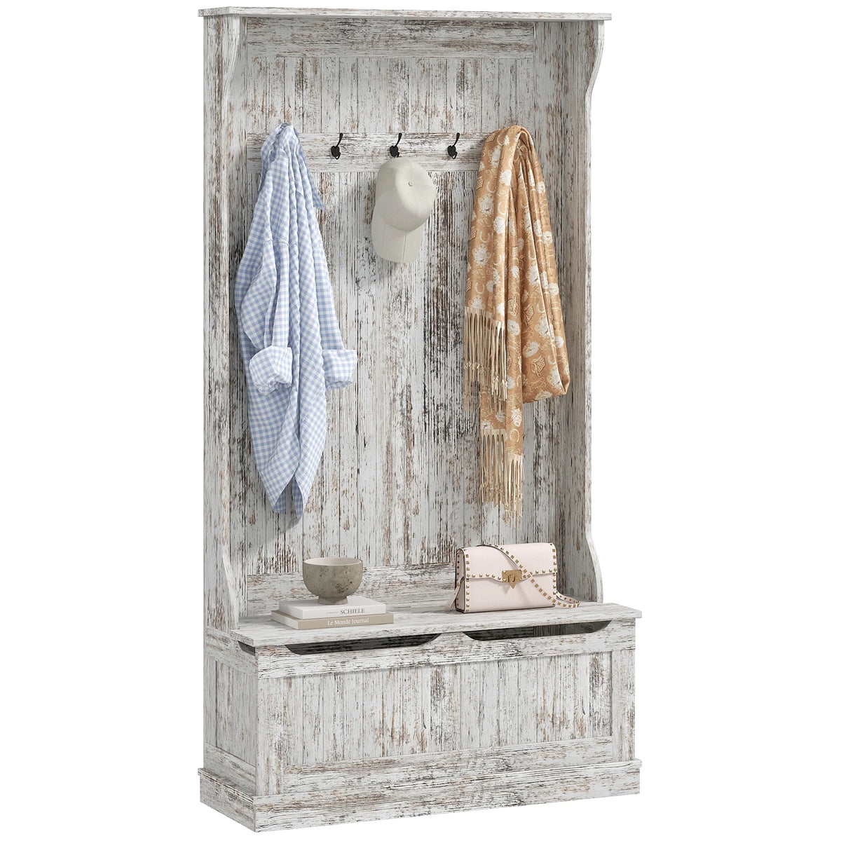 HOMCOM 3-In-1 Hall Tree Storage Bench and Coat Rack with 5 Steel Double Hooks, and Anti-Topple Anchor for Entryway, Cream White