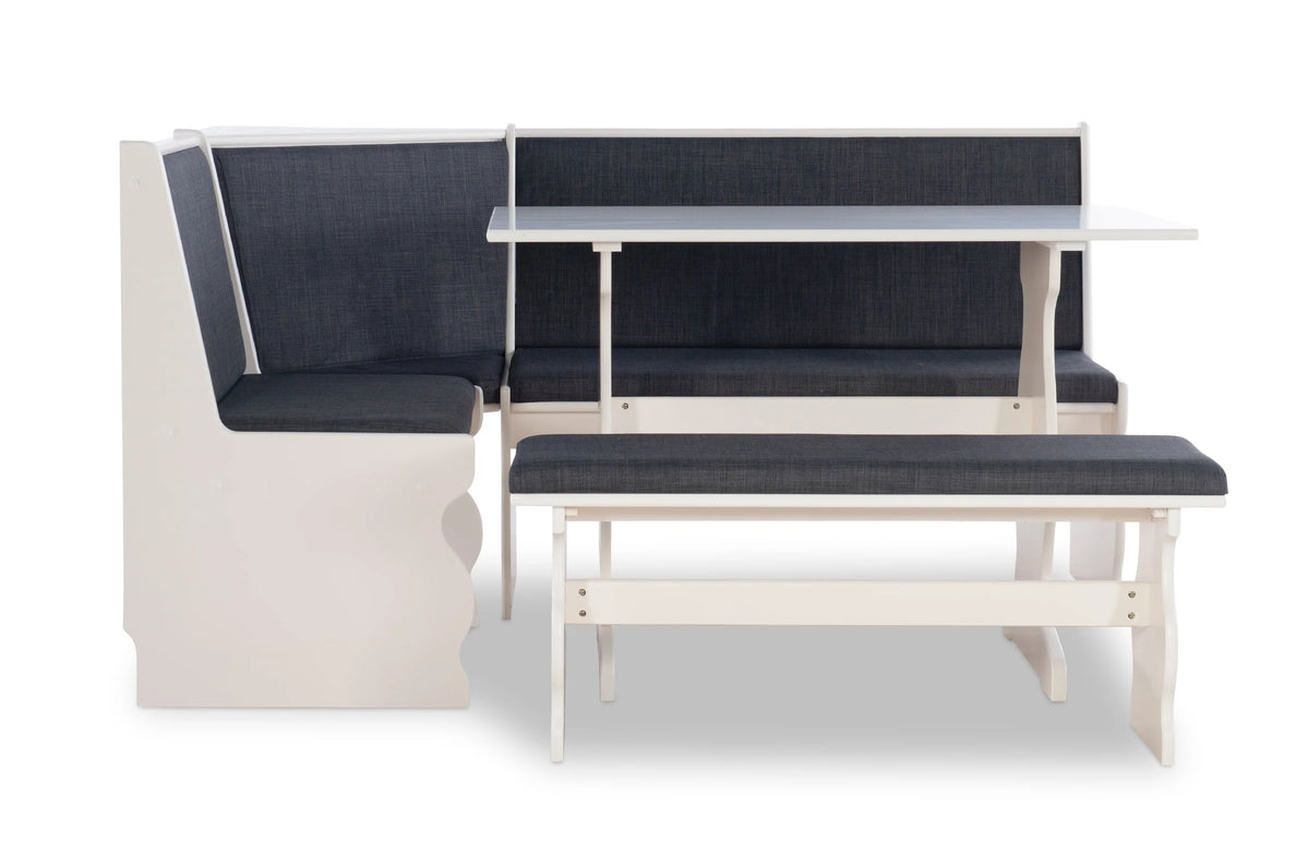 Linon Weston Corner Dining Breakfast Nook with Table and Bench, Seats 5-6, White Finish with Charcoal Fabric