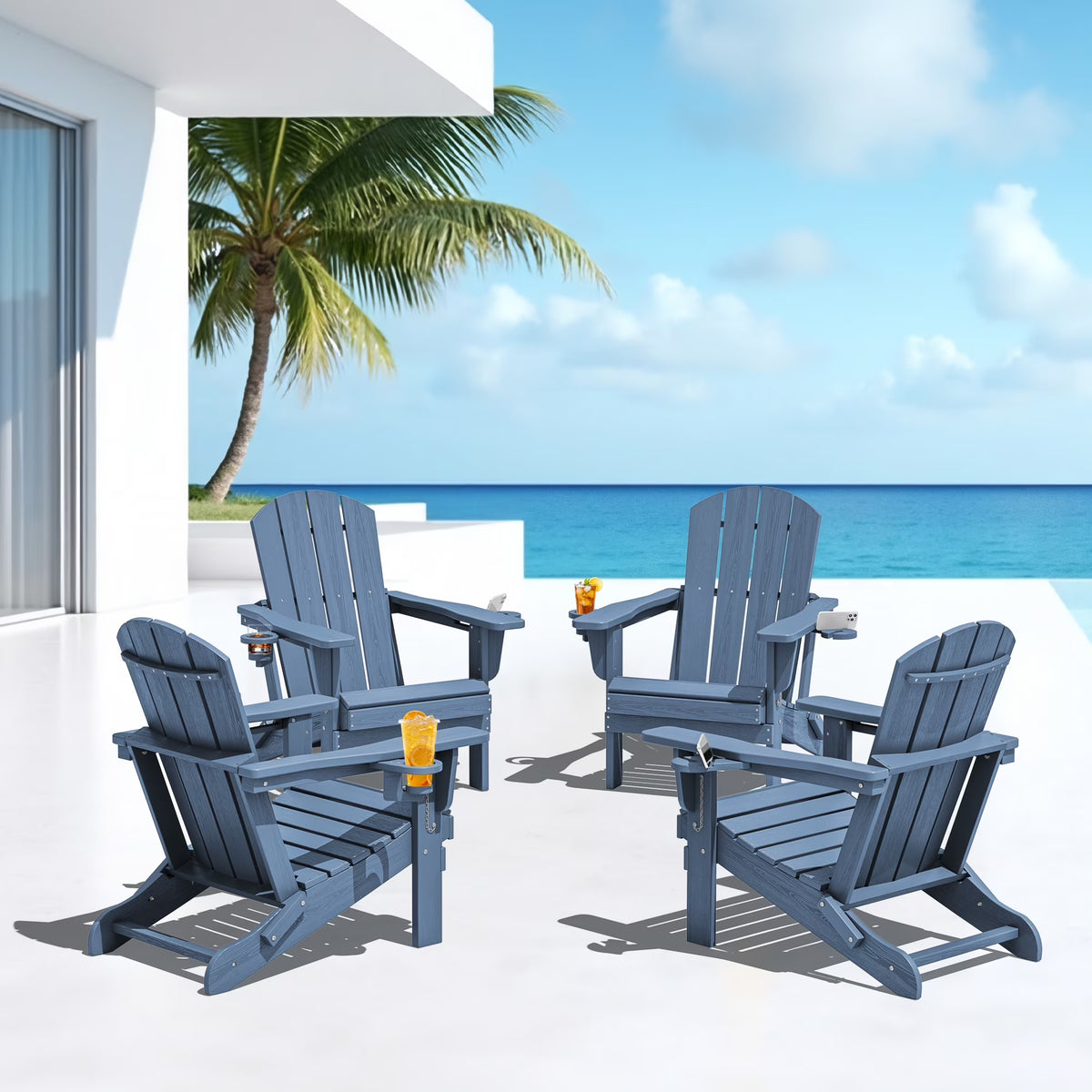 SERWALL Folding Adirondack Chair Set with Dual Cup Holders & Phone Holder, All-Weather HDPE Fire Pit Chairs for Outdoor, Patio, Poolside, Garden - Black