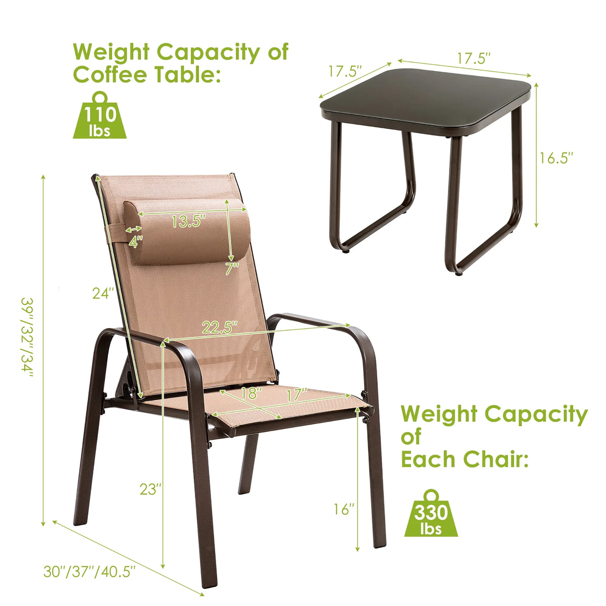 Costway 3PCS Patio Bistro Furniture Set Adjustable Back Stackable Chairs Black