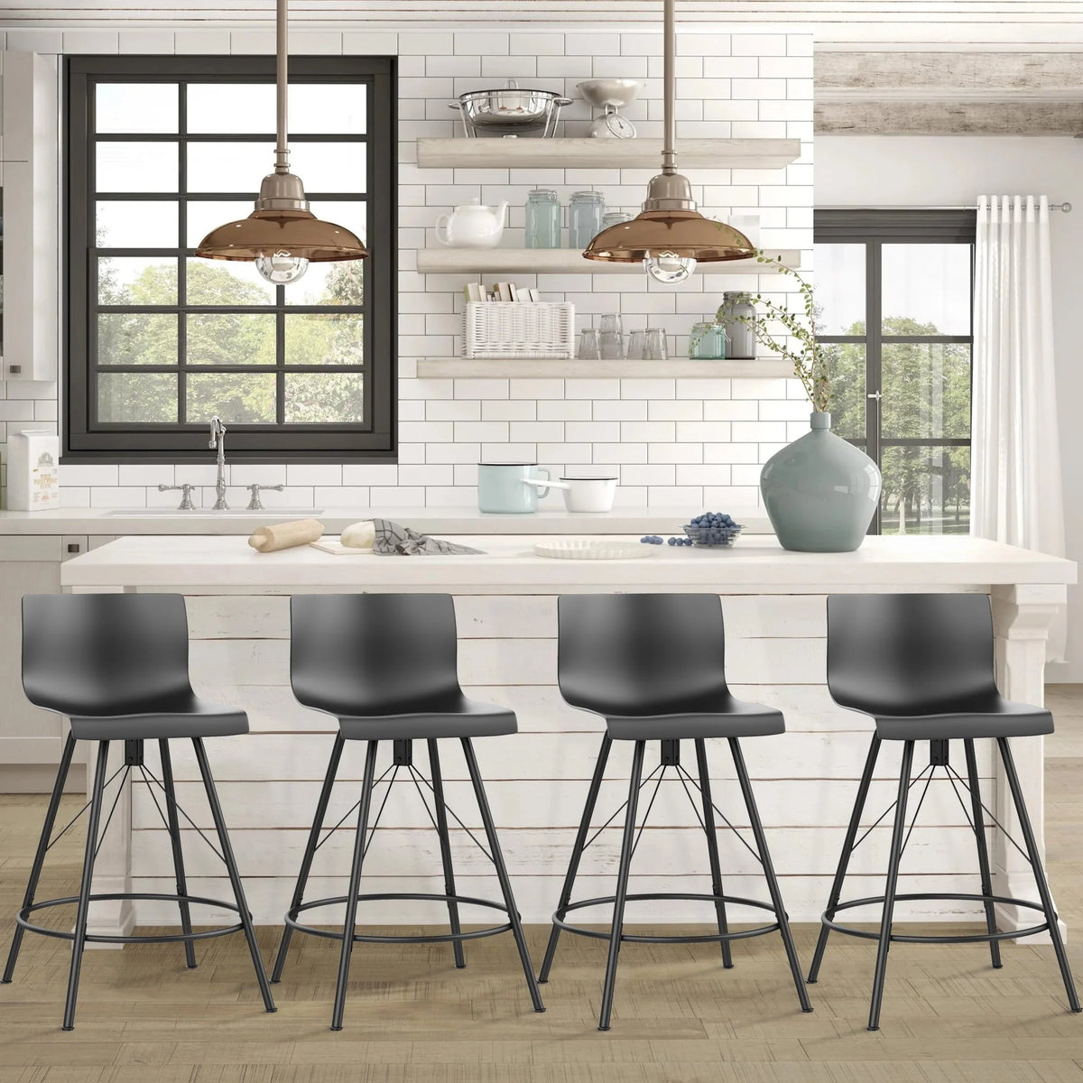 Andeworld 24" Swivel Bar Stools with Backs Plastic Counter Height Stools Set of 4 Metal Legs Black