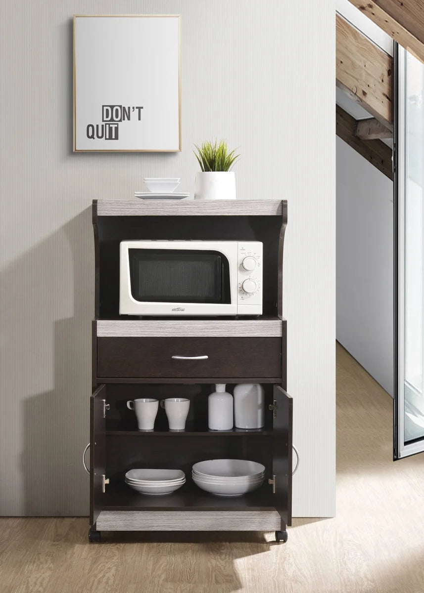 Hodedah Microwave Contemporary Wooden Kitchen Cart in Cherry Finish