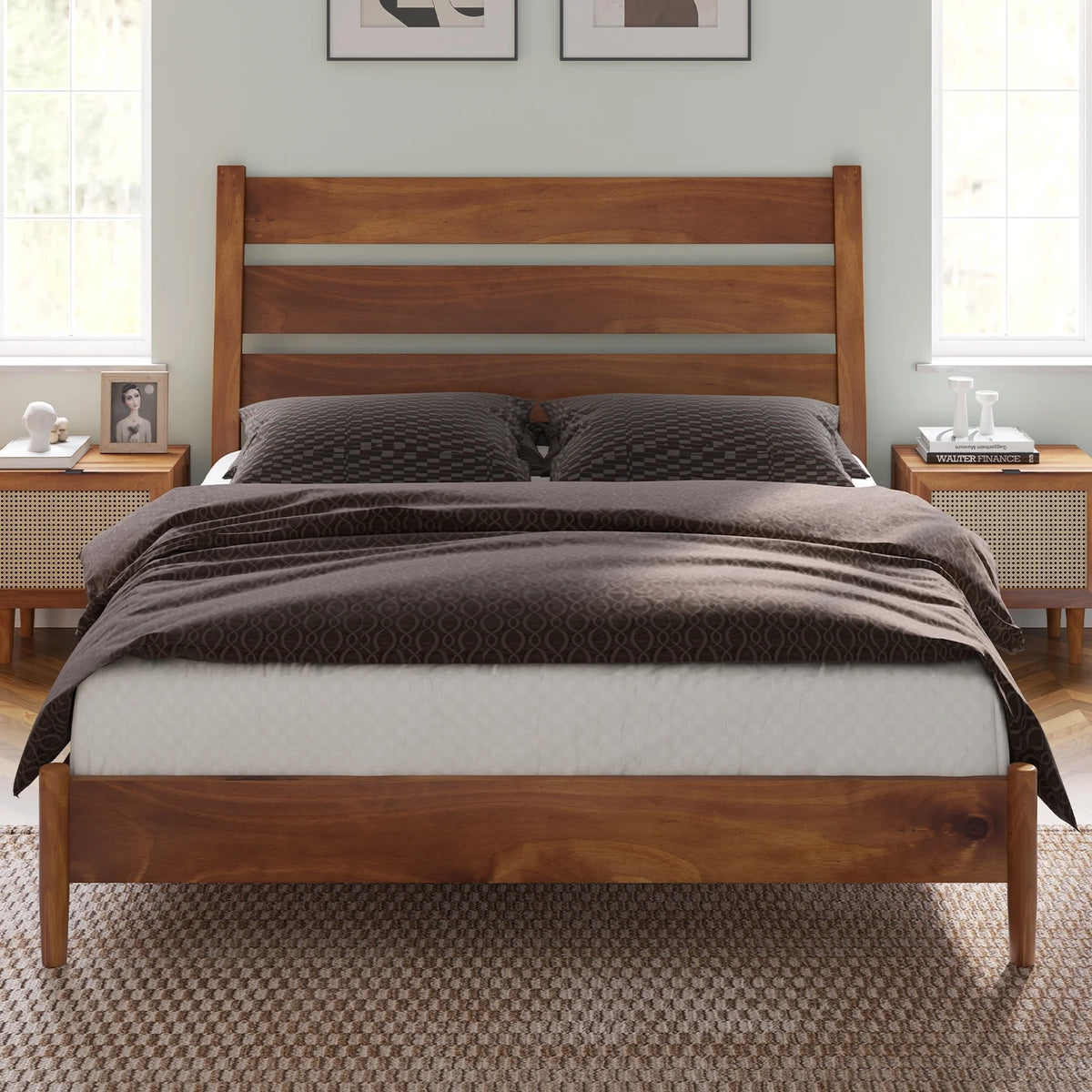 Merluxy Full Size Solid Wood Bed Frame, Mid Century Platform Bed with Reclining Slatted Headboard, Wood Slat Support/Noise Free, Light Brown