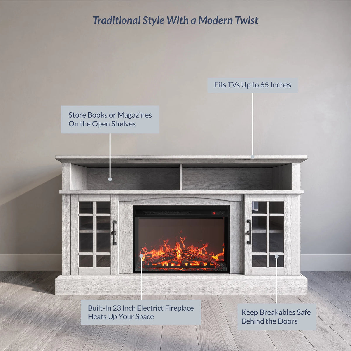 BELLEZE 58" TV Stand with 23" Electric Fireplace, Fireplace TV Console for TVs up to 65", Home Entertainment Center with Storage Cabinet and Adjustable Shelves - Astorga (Gray Wash)