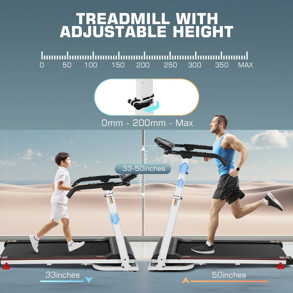 Folding Treadmill with Removable Desk, Foldable Treadmill with Adjustable Height, Treadmill 300lb Weight Capacity, White