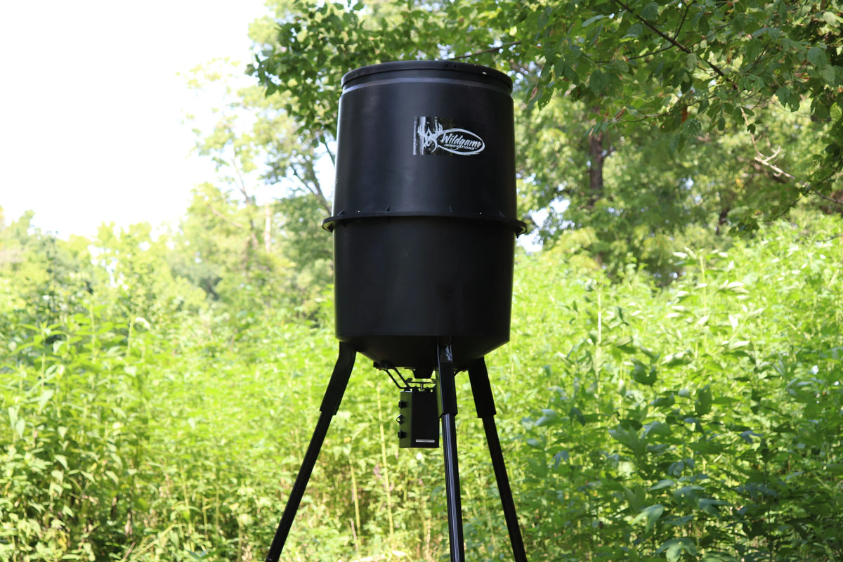 WILDGAME INNOVATIONS Quick-Set 225 lb Game Feeder with Digital Timer | Durable Tripod Corn/Pellet Hunting Feeder with 1-4 Available Feed Times & 30-feet Radius