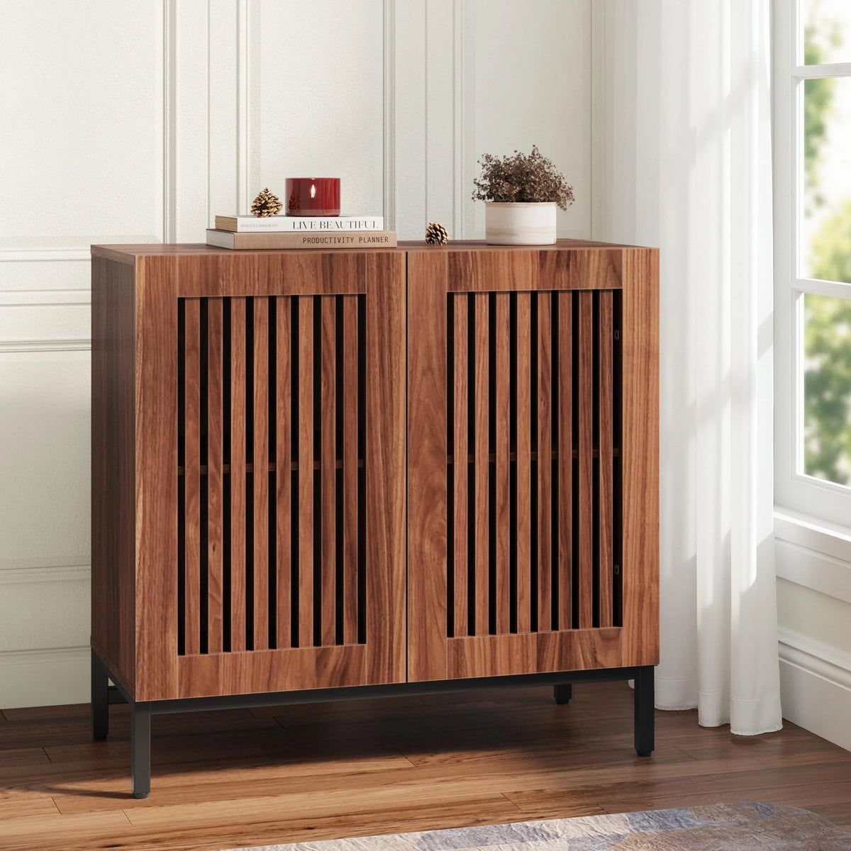 JOMEED Buffet Sideboard Cabinet with Louvered Doors & Adjustable Shelf, Wood Storage Cabinet for Kitchen, Dining Room, Living Room, Entryway Walnut