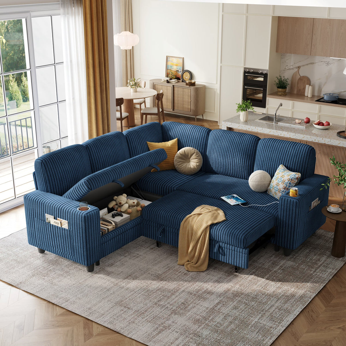 Linsy Home Plush Corduroy Sleeper Sofa Bed with Reversible Storage Chaise, Pull Out Couch Bed with USB, Cup Holder, Side Pocket, L Shaped Sectional Couches for Living Room, Apartment, Dark Grey