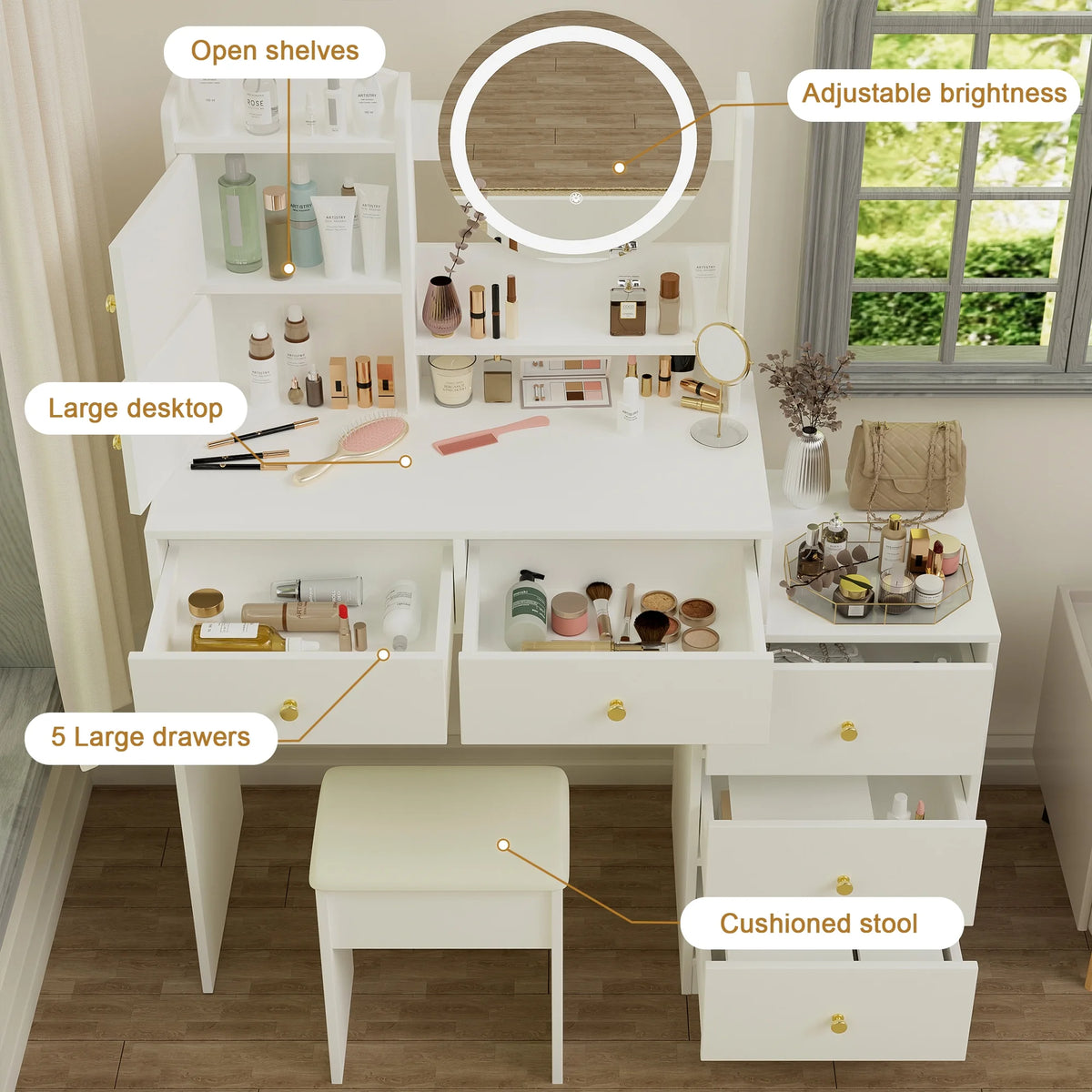 Montary Modern Mini Vanity w/Adjustable LED Mirror + Hidden Storage, Padded Stool & Dustproof Shelves (White)