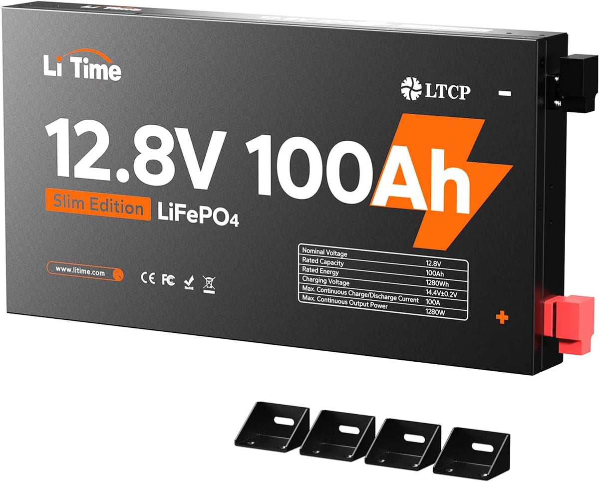 LiTime 12V 100Ah Slim LiFePO4 Battery-2.36" Ultra-Thin Design, Built-in 100A BMS with Low-Temp Protection, Fits into Tight Spaces, Ideal for RV, Solar & Marine Use