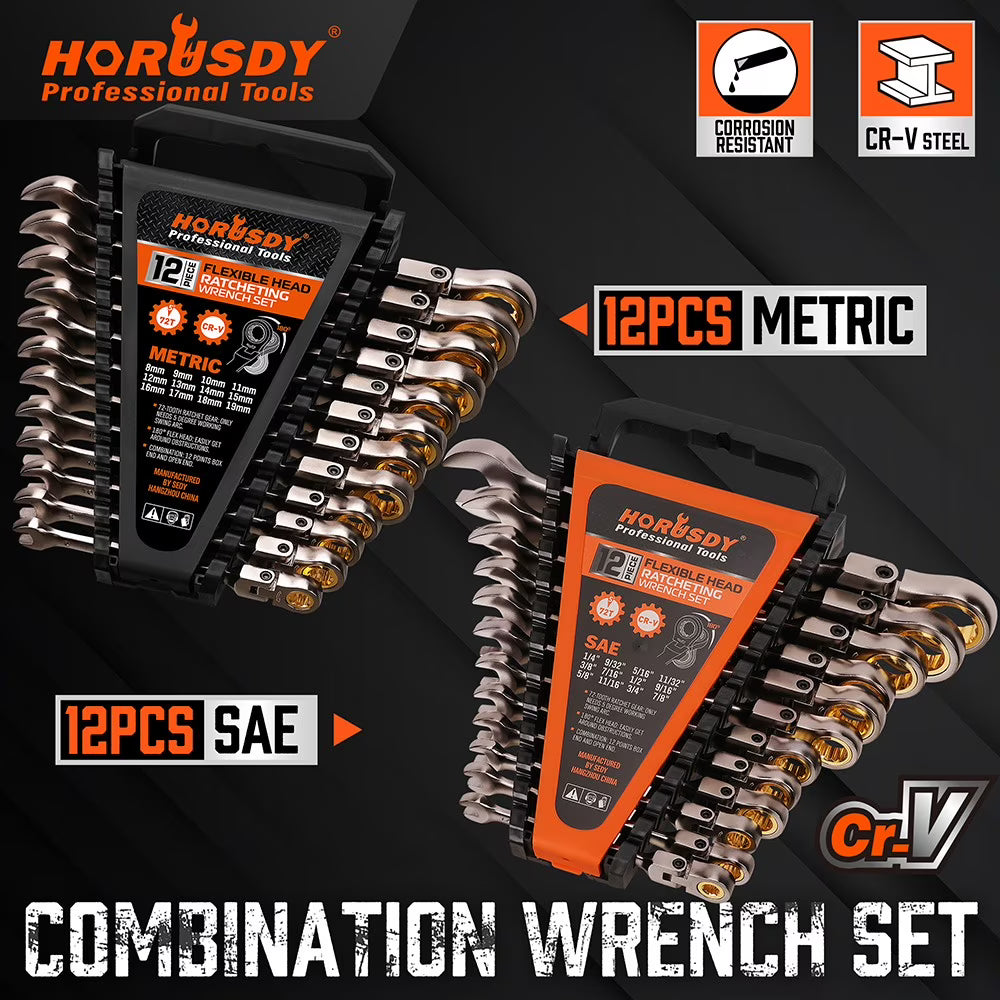 24PC Flex-Head Ratcheting Wrench Set Metric & SAE w/ Organizer 8-19mm 1/4"-7/8"