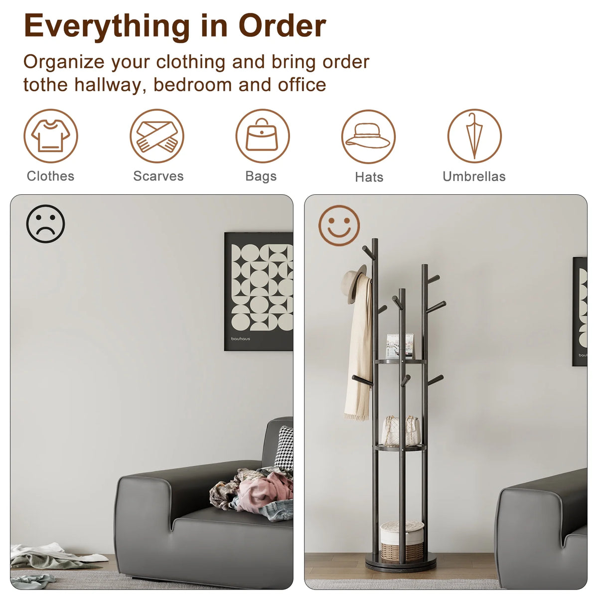 KASLANDI Solid Wood Rotary Coat Rack with 3 Shelves & 9 Hooks, Freestanding Hall Tree Stand, Coat Tree for Entryway, Living Room, Walnut, Easy Assembly