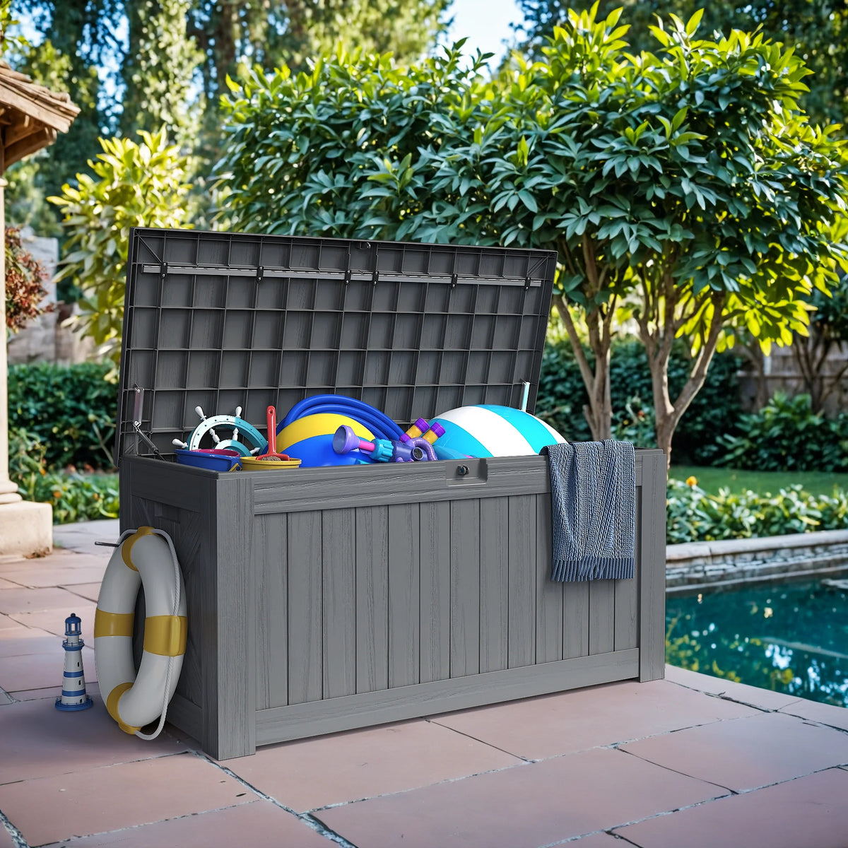 Devoko 120 Gallon Outdoor Patio Box Deck Plastic Resin Storage Box Backyard, Dark Grey
