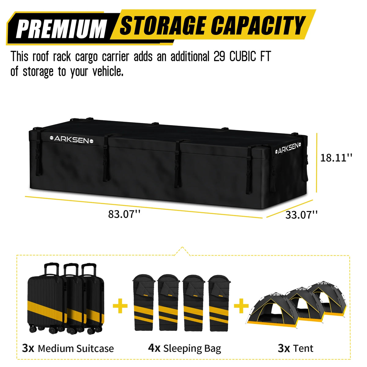 Arksen 29 Cubic Feet Waterproof Roof Top Luggage Storage Bag Heavy Duty Car Carrier Rooftop Bag W/ 12 Reinforced Straps, External Anti-slip Mat, 8 Door Hooks, For All Vechicles With/Without Rack