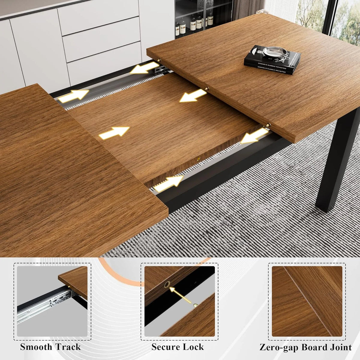 iPormis 5-Piece Dining Table Set for 4-8 People, Extendable Kitchen Table Set with 2 Benches and 2 Square Stools, Black