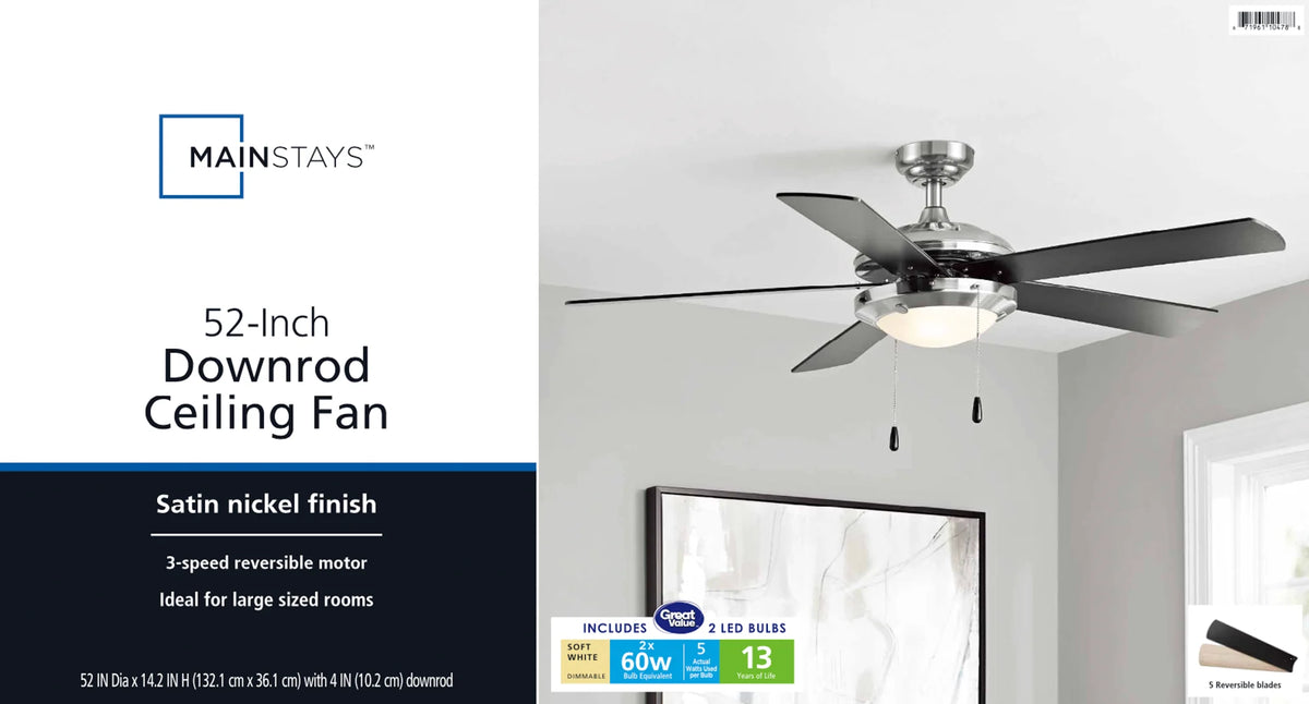 Mainstays 52" Transitional Satin Nickel Indoor Ceiling Fan with Light, Pull Chain Control & Reverse Airflow