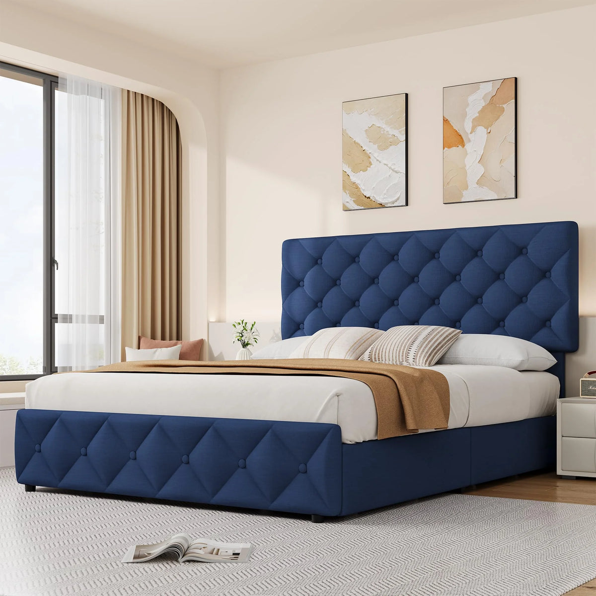 TROPOW Full Size Bed Frame,with 4 Storage Drawers and Adjustable Headboard, Linen Upholstered Platform Bed Frame, Diamond Stitched Button Tufted, No Box Spring Needed,White
