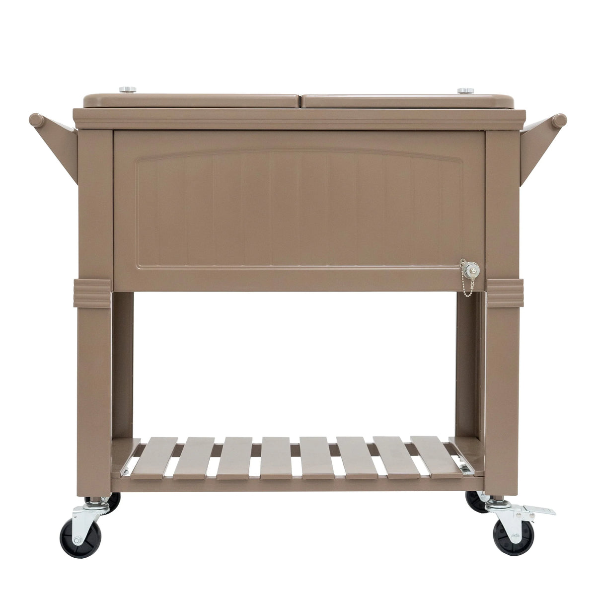 Permasteel 80-Qt Antique Outdoor Steel Patio Cooler on Wheels, Rolling Cooler Cart, Wooden Teak Style, Taupe