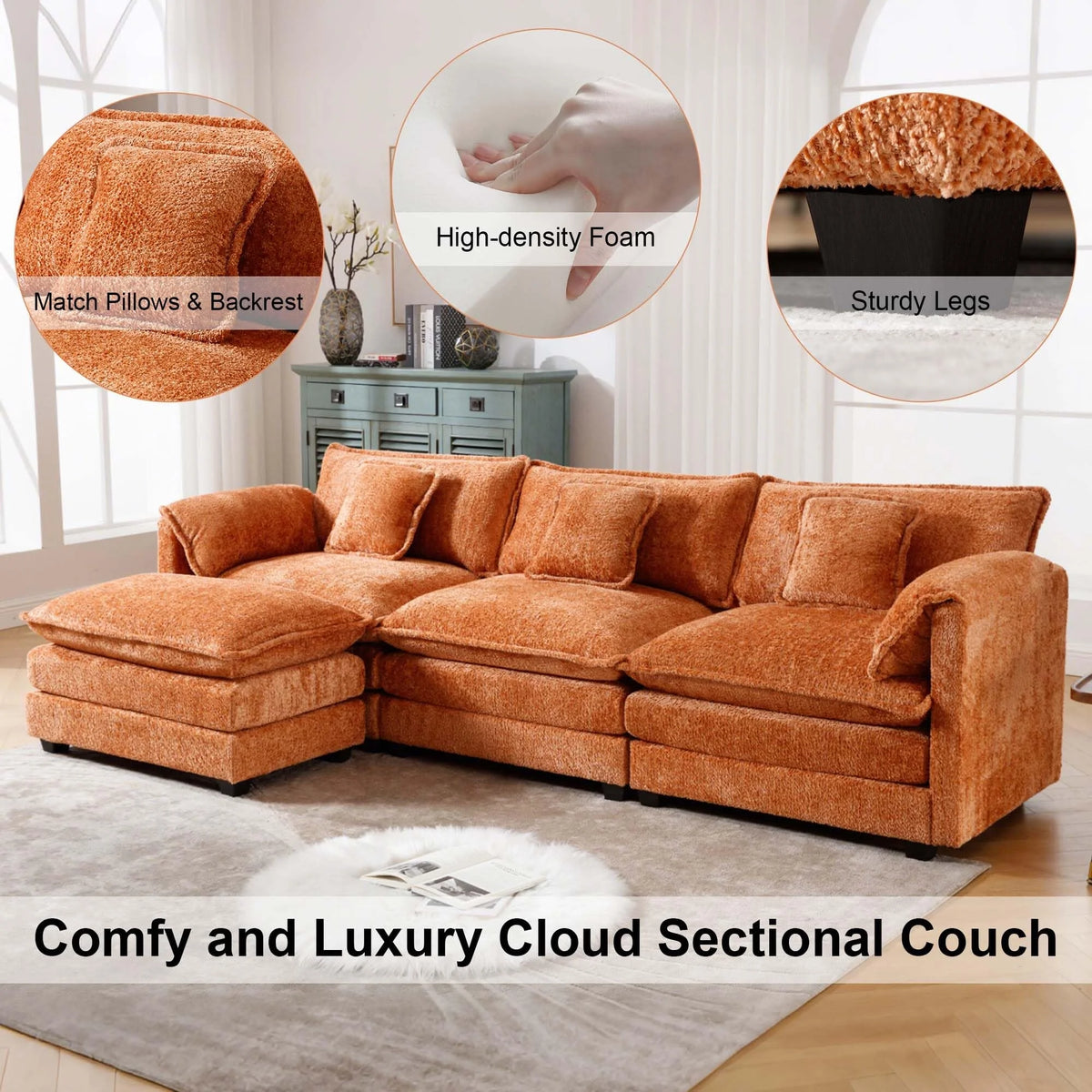 GNIXUU 112" Oversized Sectional Sofa Cloud Couch for Living Room, Modern Chenille L Shaped Couch, Comfy Boucle Modular Sofa Sleeper with Moveable Ottoman & Memory Foam (Green)