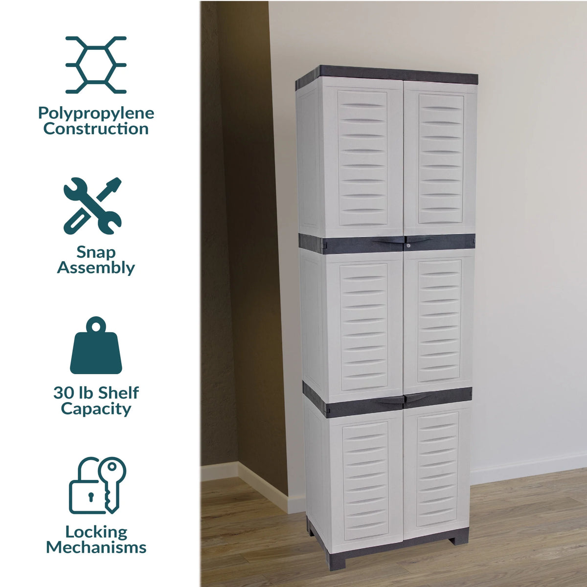 Sunnydaze Lockable Adjustable 72" Plastic 4-Shelf Freestanding Garage Storage Cabinet, Charcoal with Gray Trim