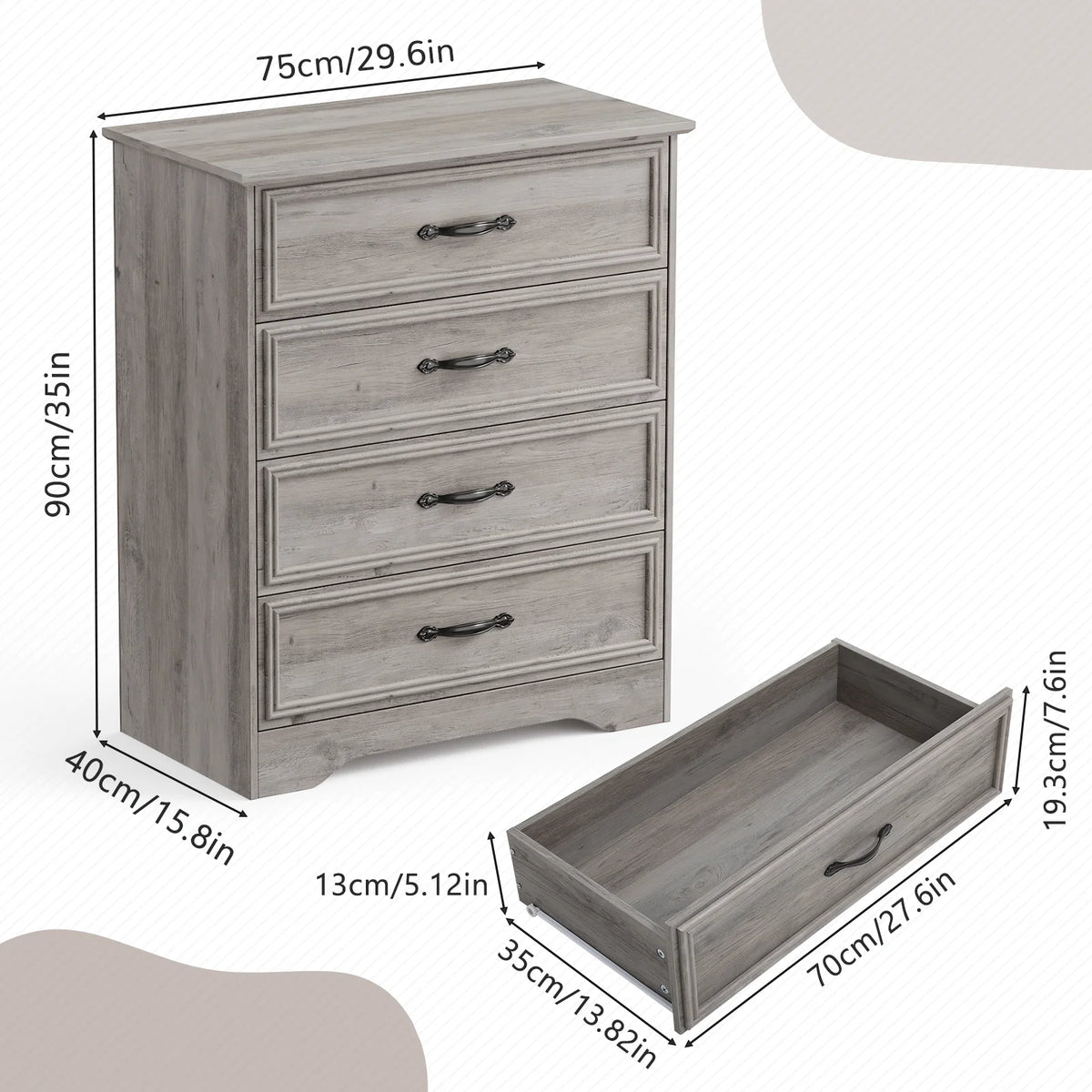 Holliwill 4 Drawer Dressers for Bedroom, Modern Wood Chest of Drawers Storage Cabinet for Living Room, Hallway, Gray
