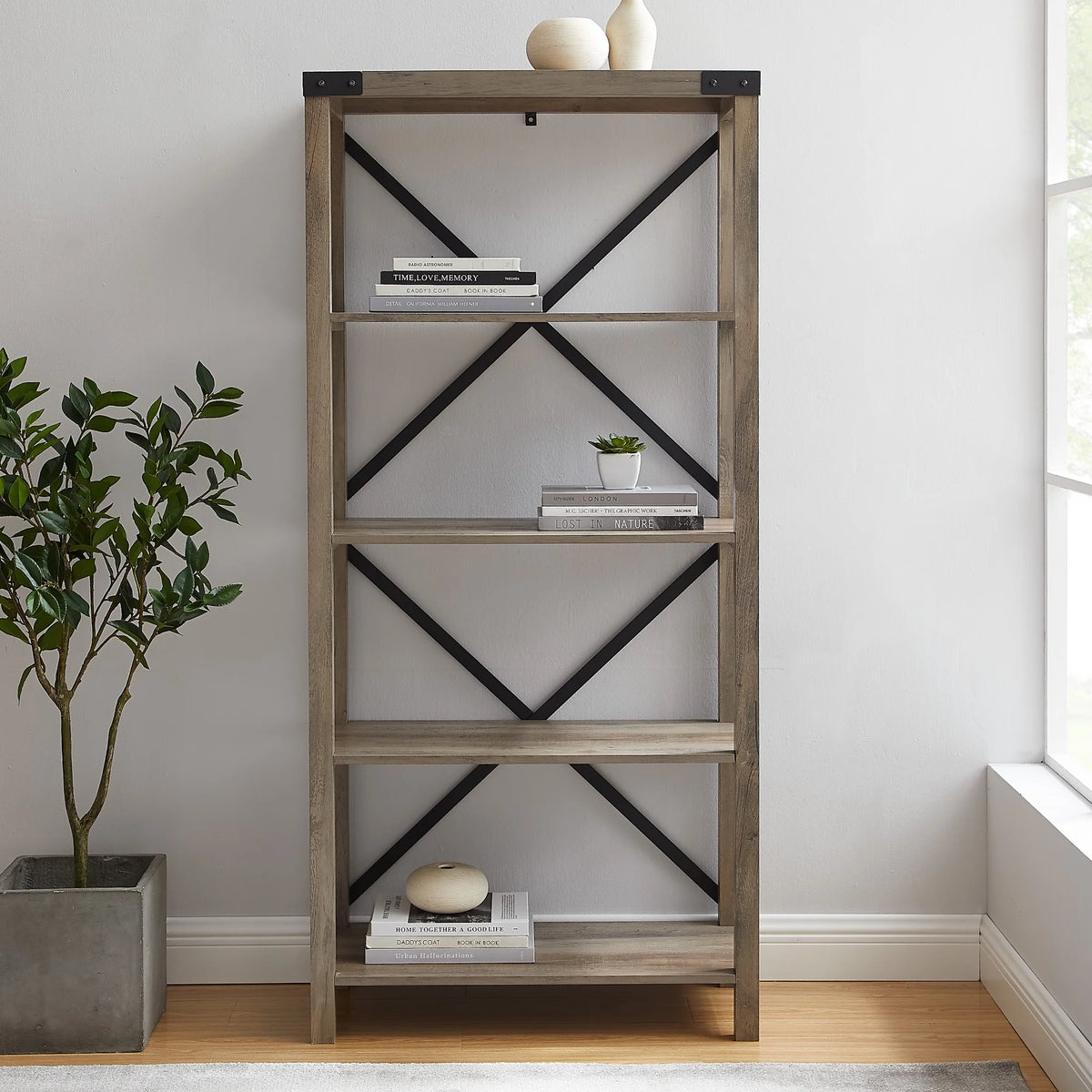 Walker Edison Rustic Industrial 4-Shelf Bookcase, Dark Walnut