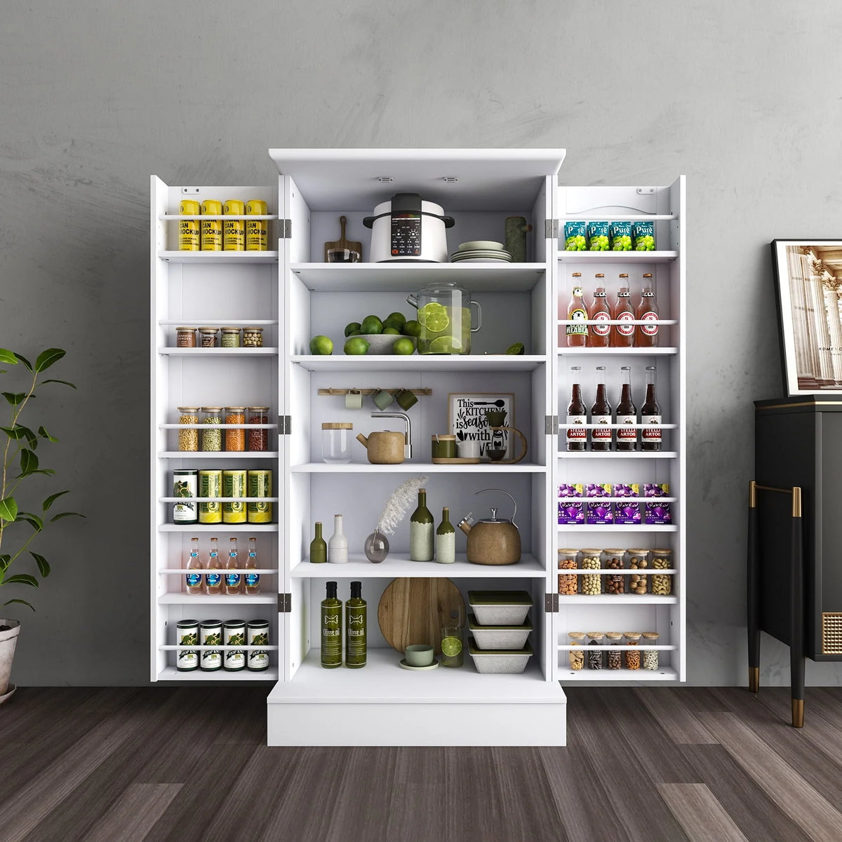 47 Kitchen Pantry Cabinet, White Buffet Cupboards Sideboard with Doors & Adjustable Shelves, Kitchen