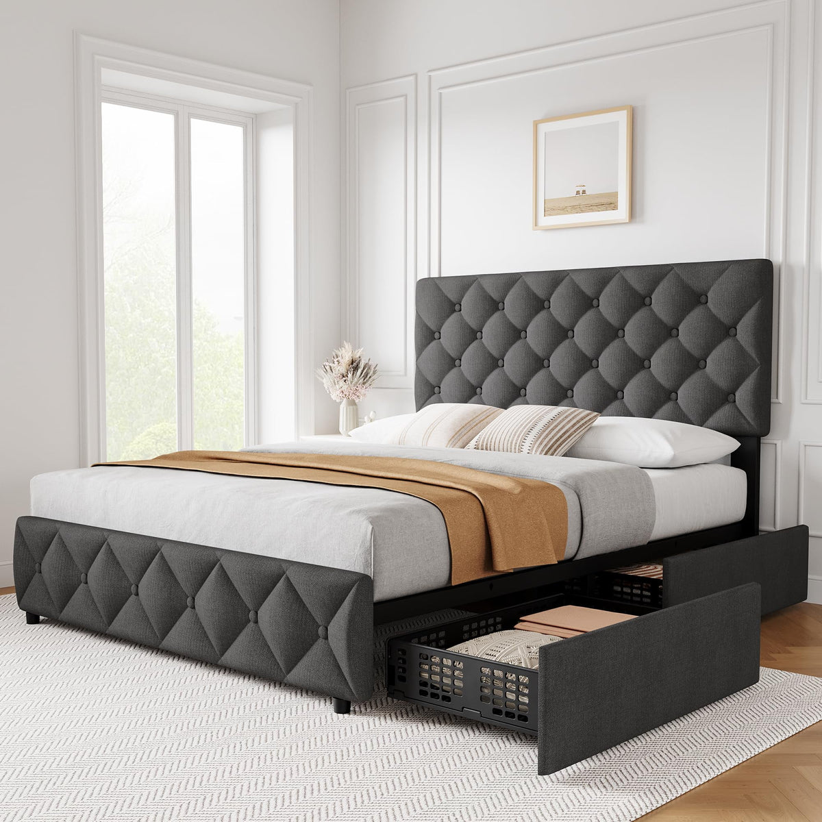 TROPOW Full Size Bed Frame,with 4 Storage Drawers and Adjustable Headboard, Linen Upholstered Platform Bed Frame, Diamond Stitched Button Tufted, No Box Spring Needed,White
