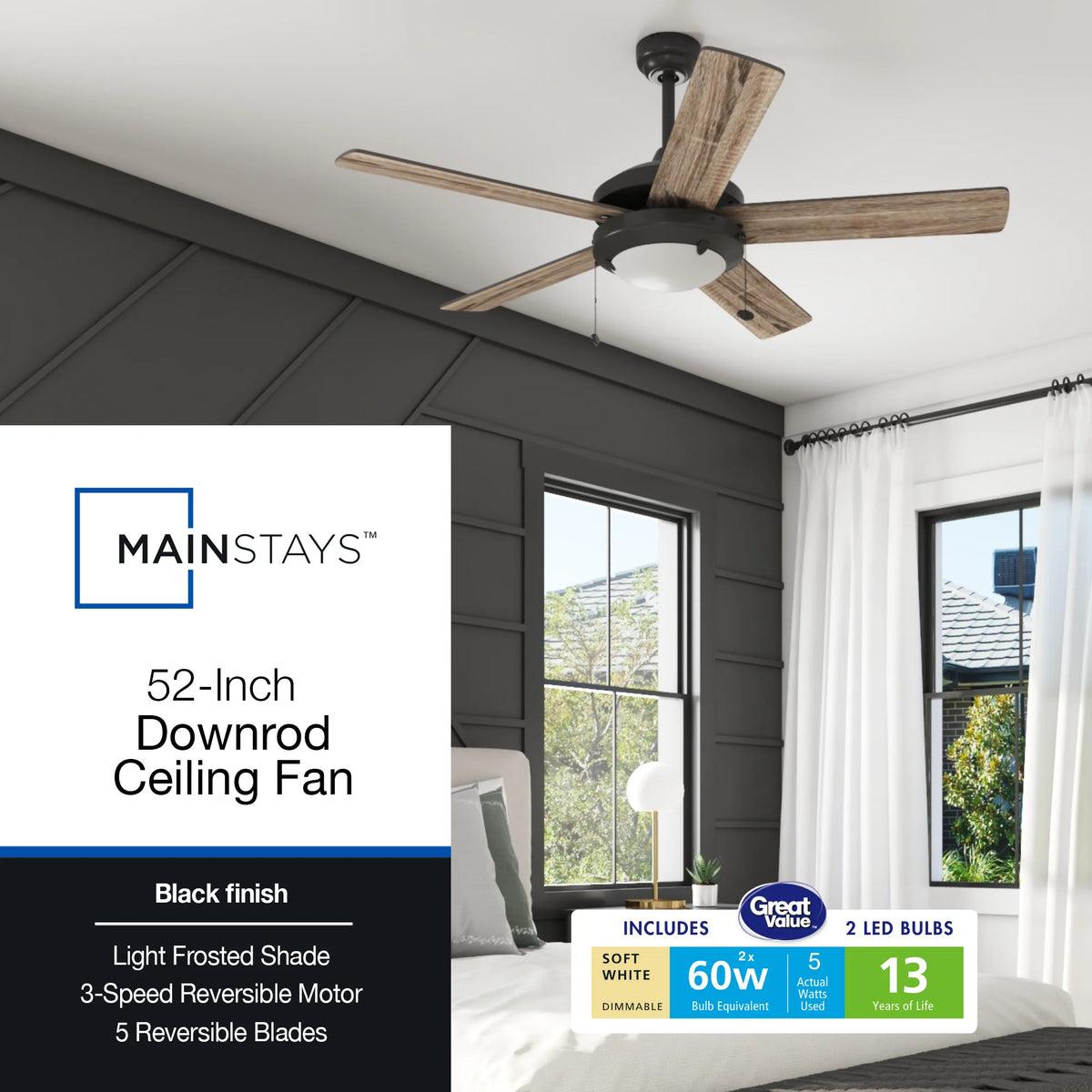Mainstays 52" Transitional Satin Nickel Indoor Ceiling Fan with Light, Pull Chain Control & Reverse Airflow