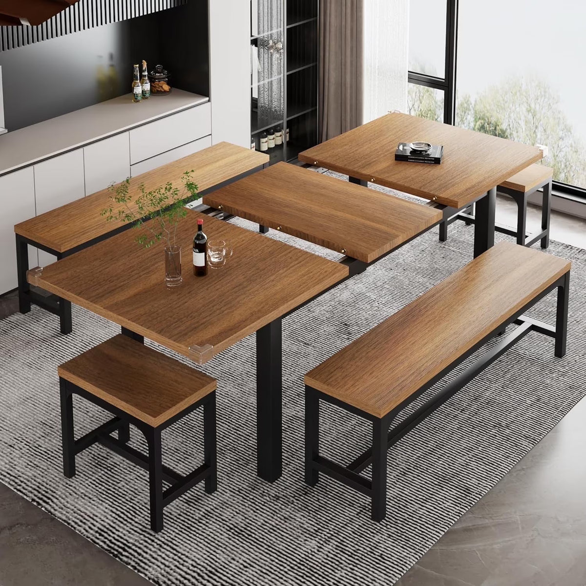 iPormis 5-Piece Dining Table Set for 4-8 People, Extendable Kitchen Table Set with 2 Benches and 2 Square Stools, Black