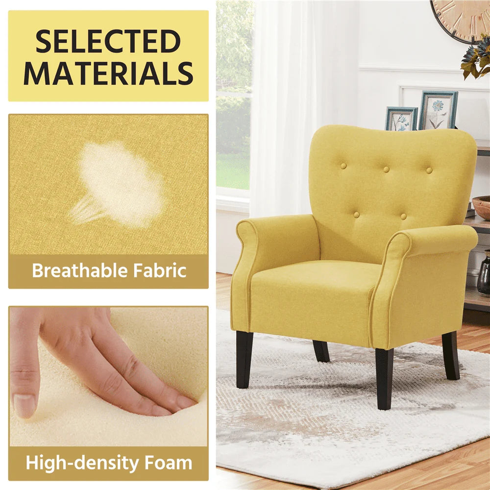 Topeakmart Modern Upholstered Accent Chair Roll Arm Single Sofa with Wooden Leg, Yellow